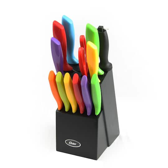 Oster 14 Piece Stainless Steel Assorted Color Cutlery Knife Set with Wood Storage Block | Michaels